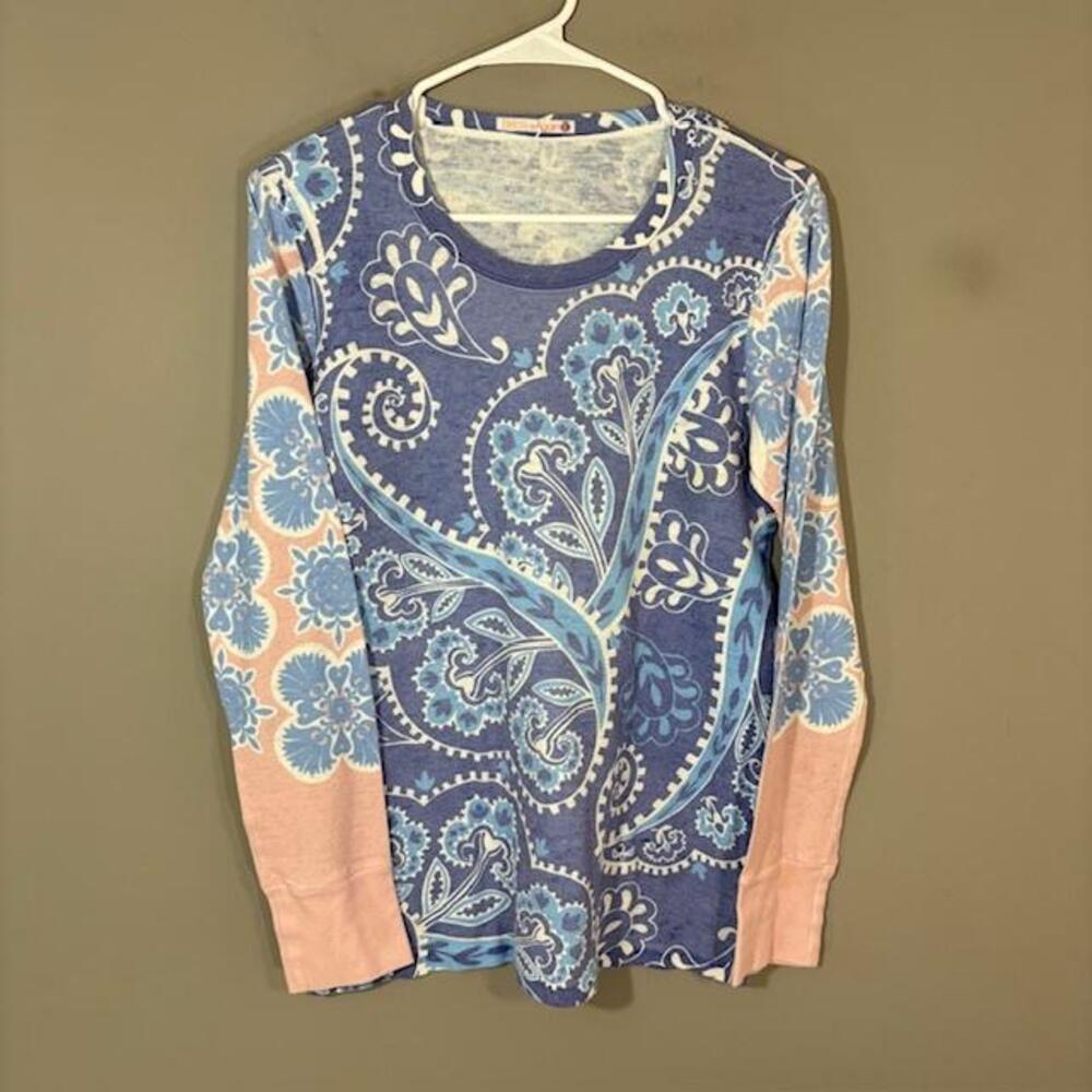Before + Again Shirt Womens Large Blue Paisley Crew Neck Long Sleeve Knit Top
